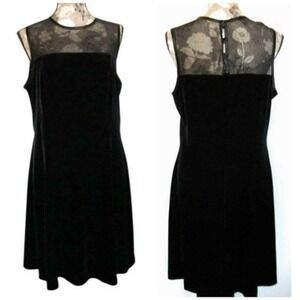 Vintage Jeffrey & Dara Velvet Illusion Dress Womens 14 Black Mesh Satin Trim LBD